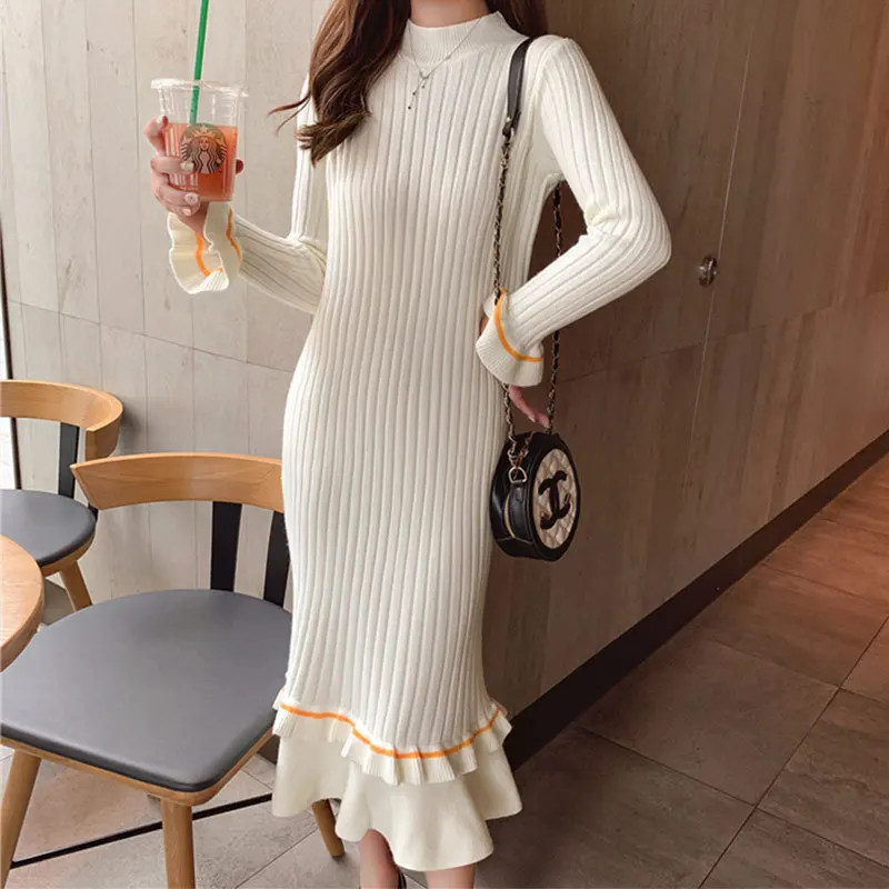 

2021 autumn winter thick mermaid maxi sweater dress women o-neck long sweater dress elegant female a-line slim sexy knit dress