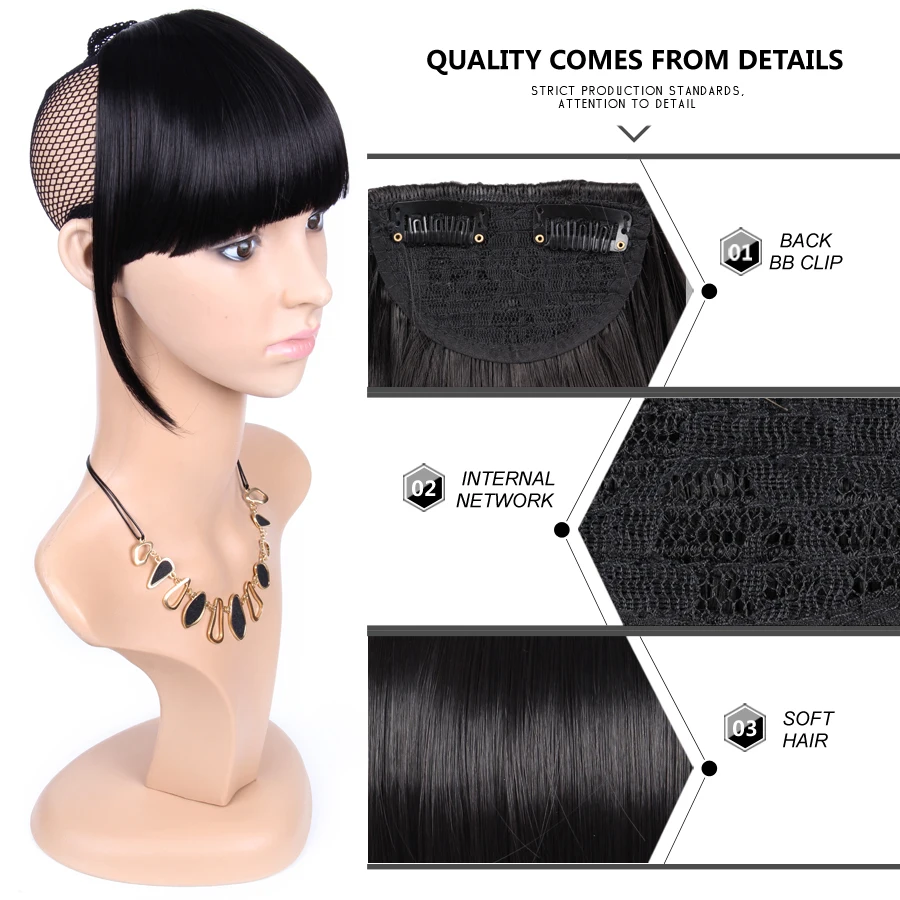 Natural Straight Synthetic Blunt Bangs High Temperature Fiber Brown Women Clip-In Full Bangs With Fringe Of Hair 6 Inch Leeons images - 6