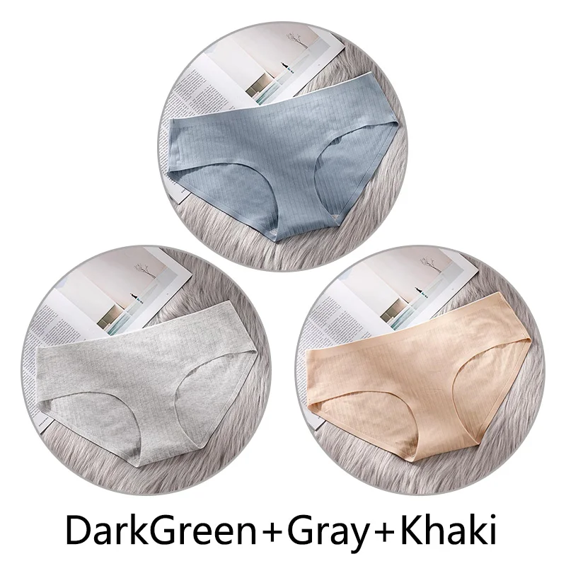 DGreen Gray Khaki 3 шт. сверхтонкое, бесшовное нижнее белье из хлопка, Для женщин нижнее белье, мягкие трусики с большими чашечками для Размеры 4XL белье соты с заниженным шаговым швом ткань нижнее бельё - Цвет: DGreen Gray Khaki
