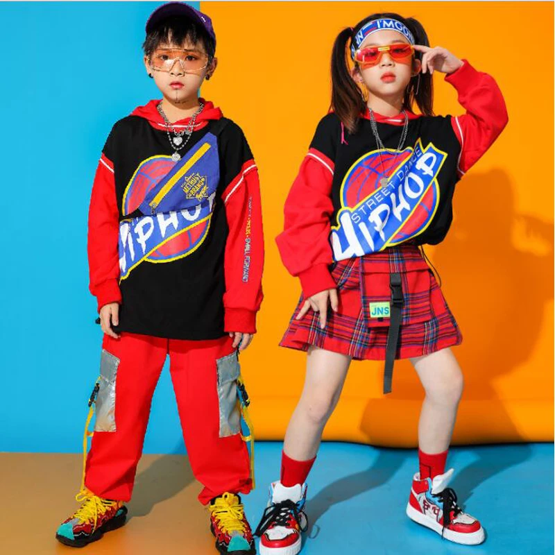 

Детская одежда для бальных танцев в стиле хип-хоп, свободная толстовка, штаны-карго, клетчатая мини-юбка для девочек, костюм для джазовых тан...