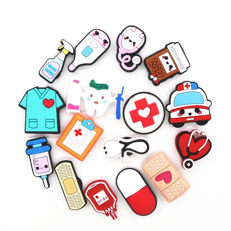 Freeshipping 1pcs Medical Shoe Charms Accessories Cute Stethoscope Syringe PVC Shoe Decoration JIBZ fit Croc Bracelet Kids Gifts