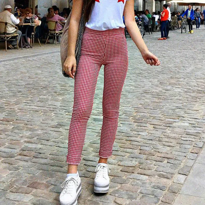 Красные клетчатые повседневные обтягивающие спортивные штаны женские леггинсы