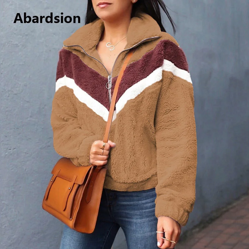 Abardsion/осень-зима, теплые меховые толстовки, верхняя одежда, Женский пуловер, Повседневный, пэчворк, на молнии, с длинными рукавами, плюшевая Толстовка