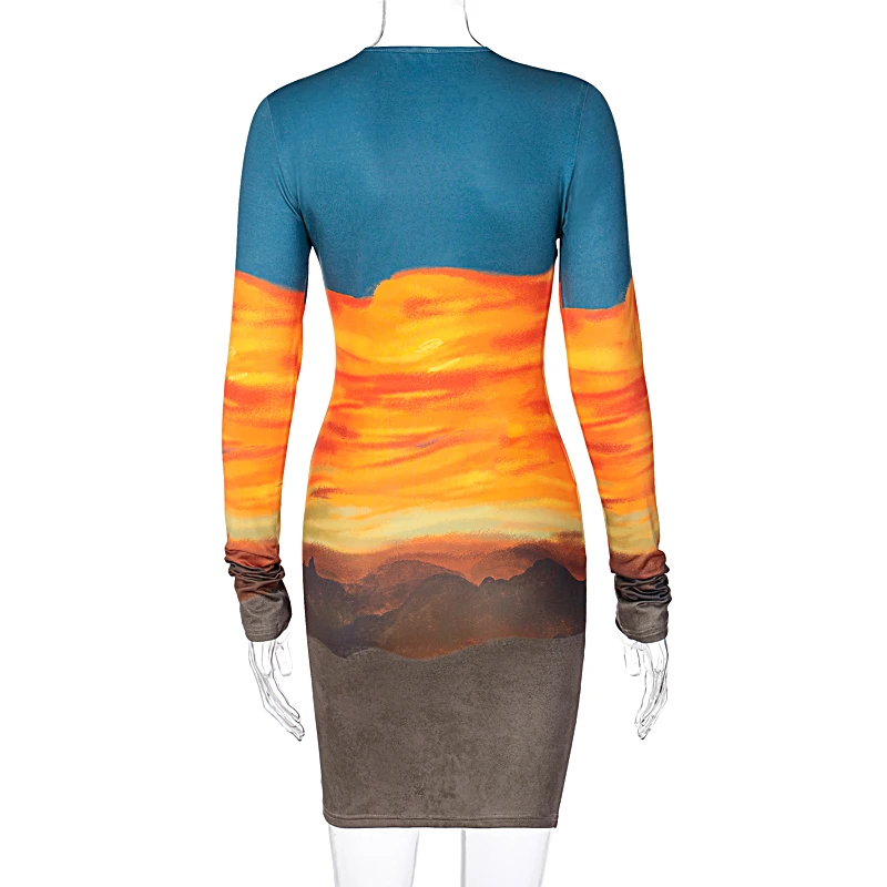 

Zoctuo Print Sexy Bodycon Dress For Women Long Sleeve Dress O-Neck Mini Dress Autumn Women Fashion Streetwear Club Wear Dress