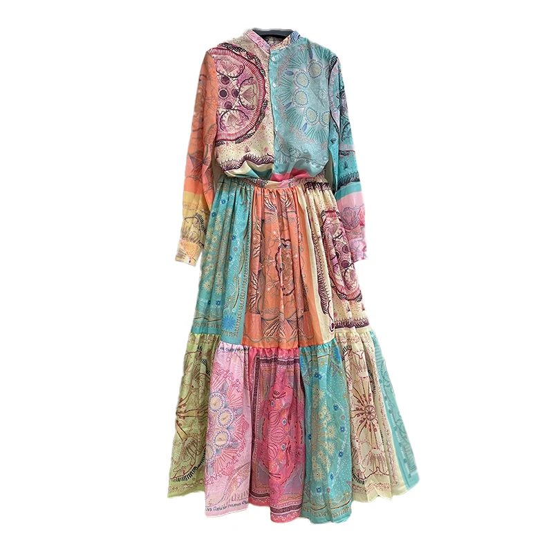 

AELESEEN Runway Fashion Spring 2 Pieces Set Designer New Long Irregular Blouse+Long Skirts Contrast Color Flower Print Twinsets