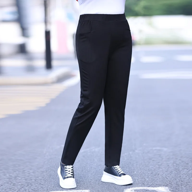 

Брюки женские оверсайз с карманами, повседневные Прямые Штаны с эластичным поясом, джоггеры, одежда черного цвета для весны и осени, 2XL до 7XL, T5176