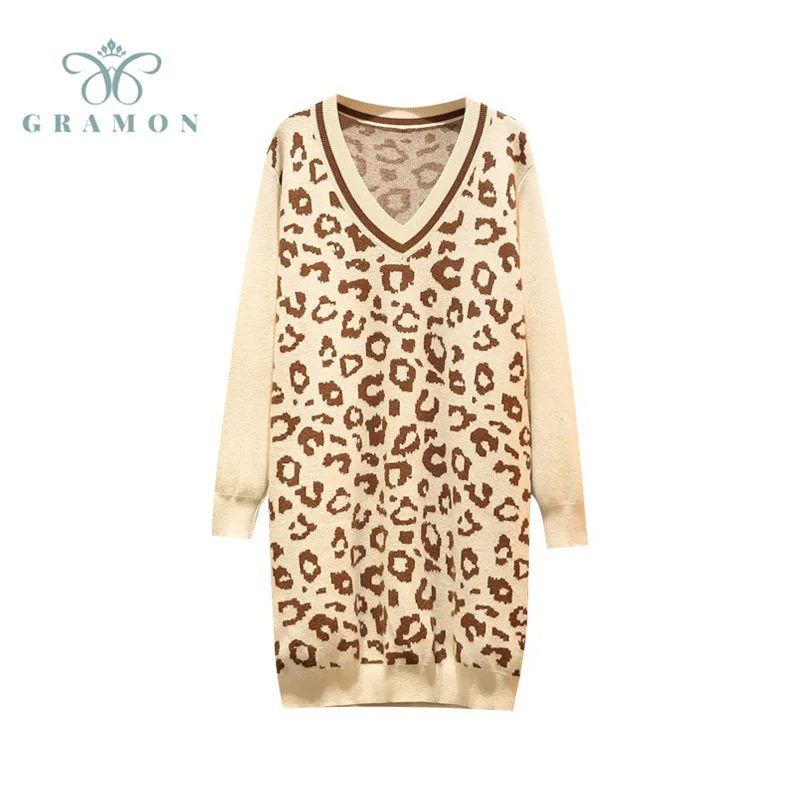 

Fashion Dresses For Autumn Winter Plus Size Women Clothing 2021 Korean Style Chic Knitted Vestidos Leopard V Neck Trendy Dress