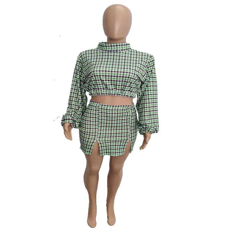 

Two Piece Set Women Tops And Skirt Tracksuits Women Sexy Suit Plaid Long Sleeve Top Mini Skirt Suit 2PCS Ropa Mujer