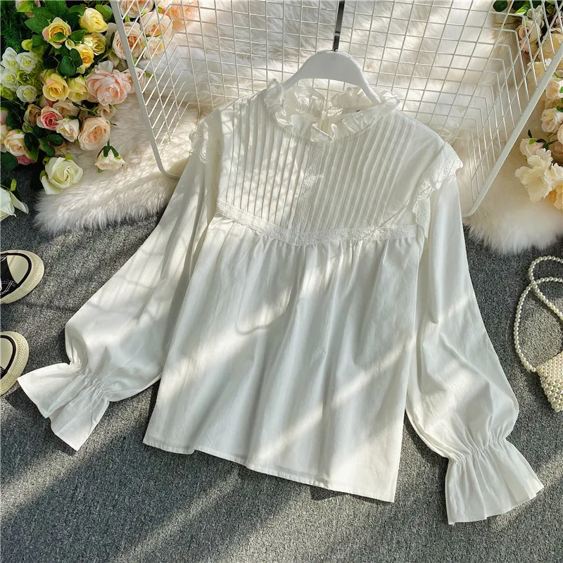 Autumn Women Pullovers Blouse Shirt Ladies Sweet Pleated Flare Sleeves Ruffles Stand Neck Slim Shirt Tops Blusas Femininas