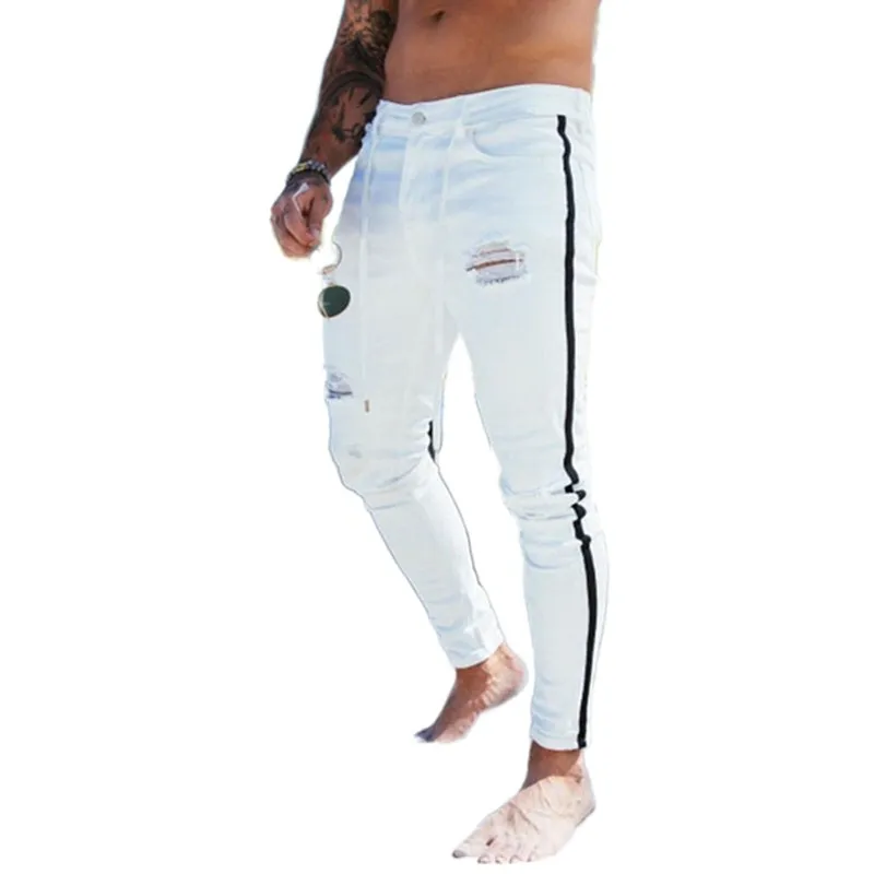 

Men Skinny Ripped Jeans Biker Destroyed Frayed Denim Side Stripe Pencil Pants Hip Hop Streetwear Jeans S-4XL