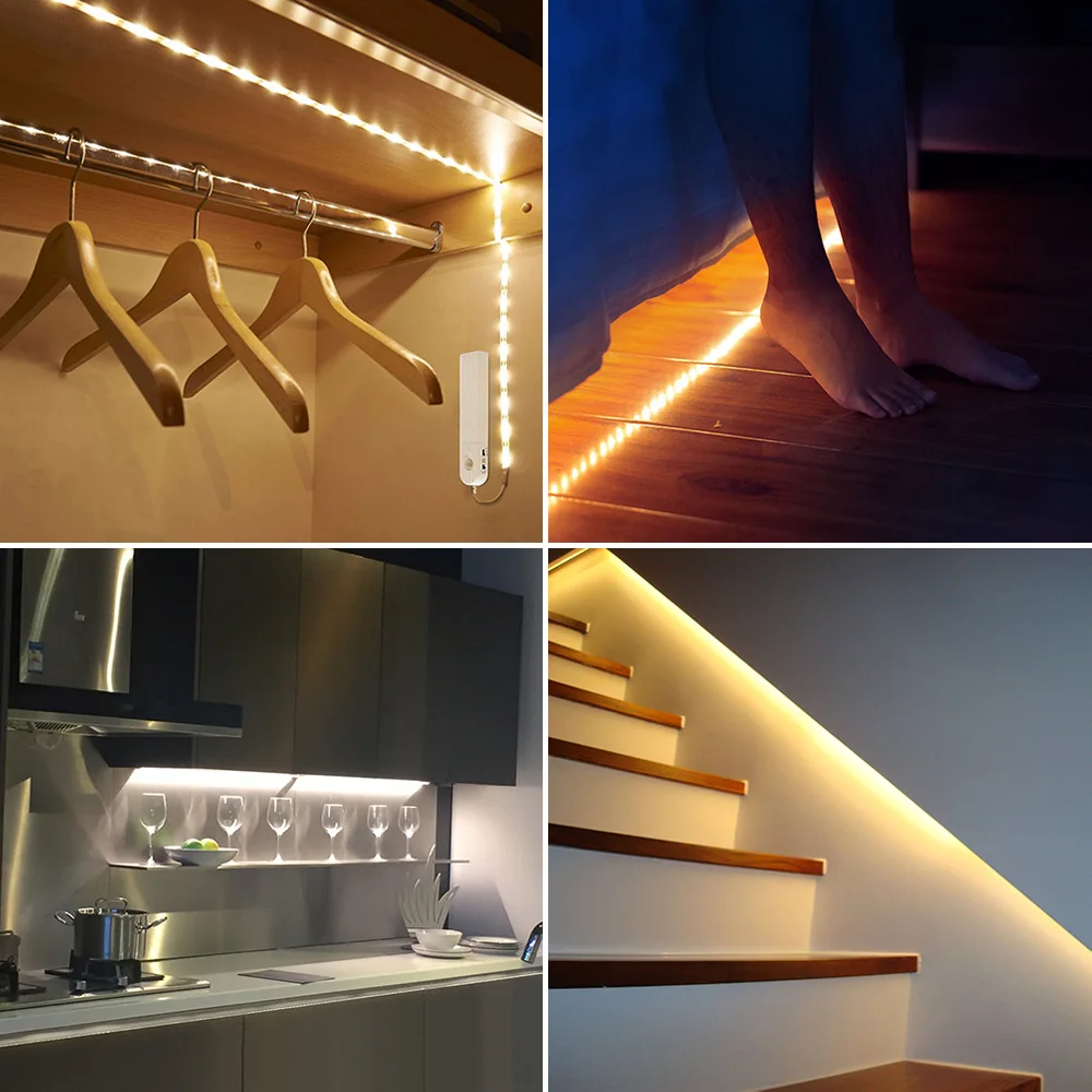 

1M 2M 3M Motion Sensor LED Night light Bed Cabinet Stairs light LED Strip lamp Battery Powered For TV lighting Backlight