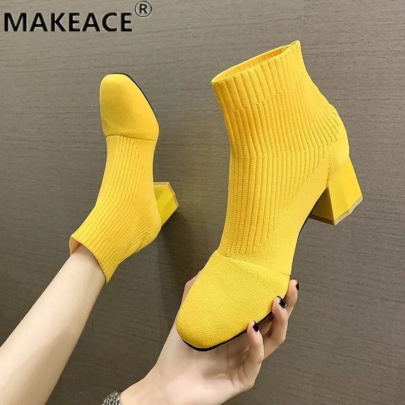 

Women's Elastic Socks Boots Fashion Knit Breathable Fall Ankle Boots 2021 New Square Toe Chunky Heels Women's Bare Boots