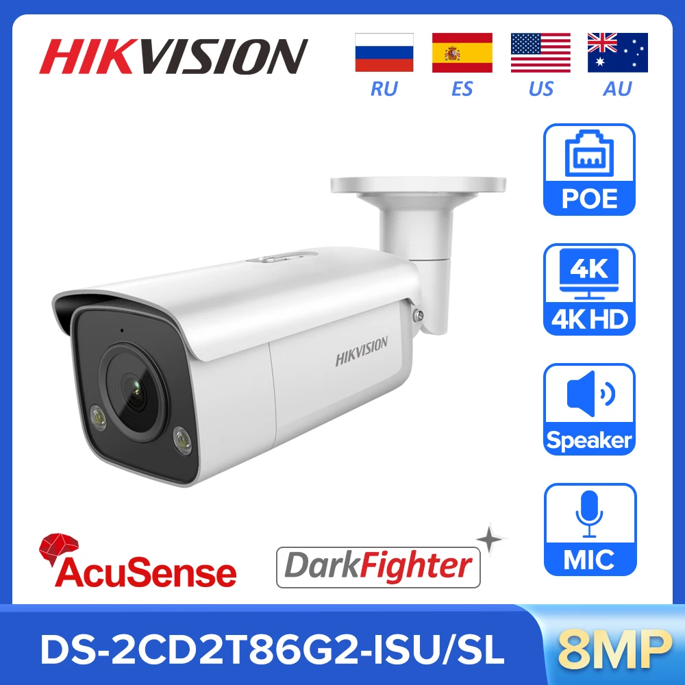 

Hikvision 8MP IP Camera DS-2CD2T86G2-ISU/SL AcuSense Bullet Network Camera Built in MIC and Speaker IP67 4K CCTV Surveillance