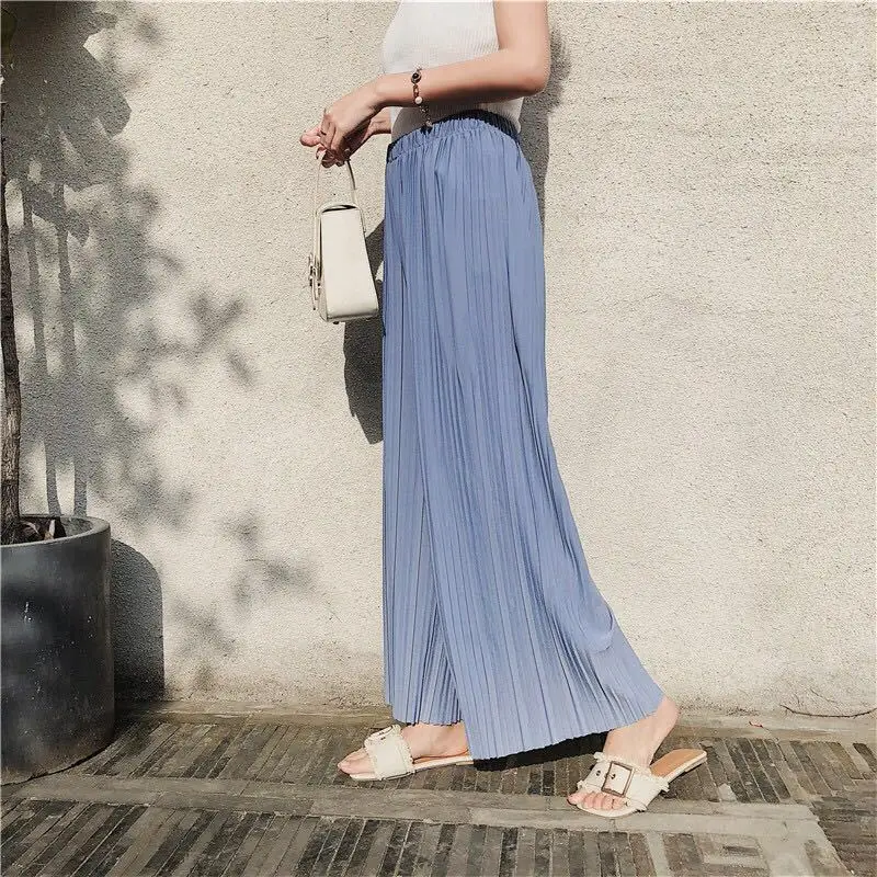 

High Waist Pleated Chiffon Wide Leg Pants Female Loose Straight Trouser Office Lady Elegant Wear Comfortable Spring Summer Women