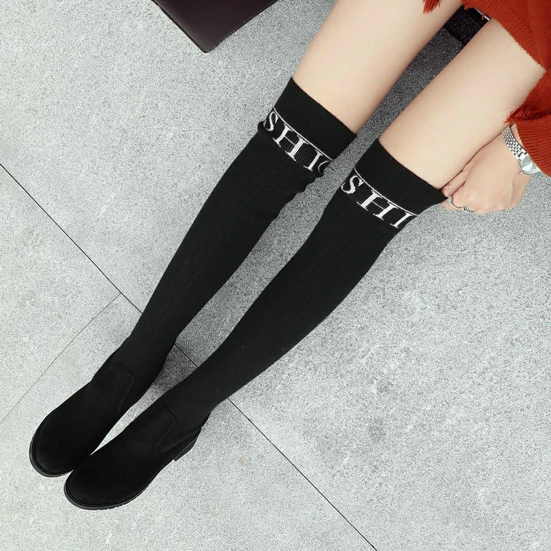 

2021 New Women Boots Autumn Winter Sexy Elastic Flock Slim Fit Long Boots Knitted Wool Over the Knee Fashion Sock Boots Shoes 44