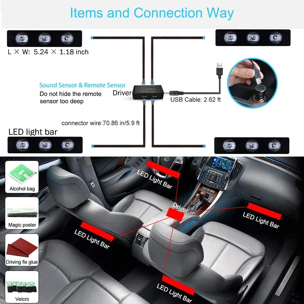 

LED Car Foot Light Ambient Lamp With USB Wireless Remote Music Control Multiple Modes Automotive Interior Decorative Lights