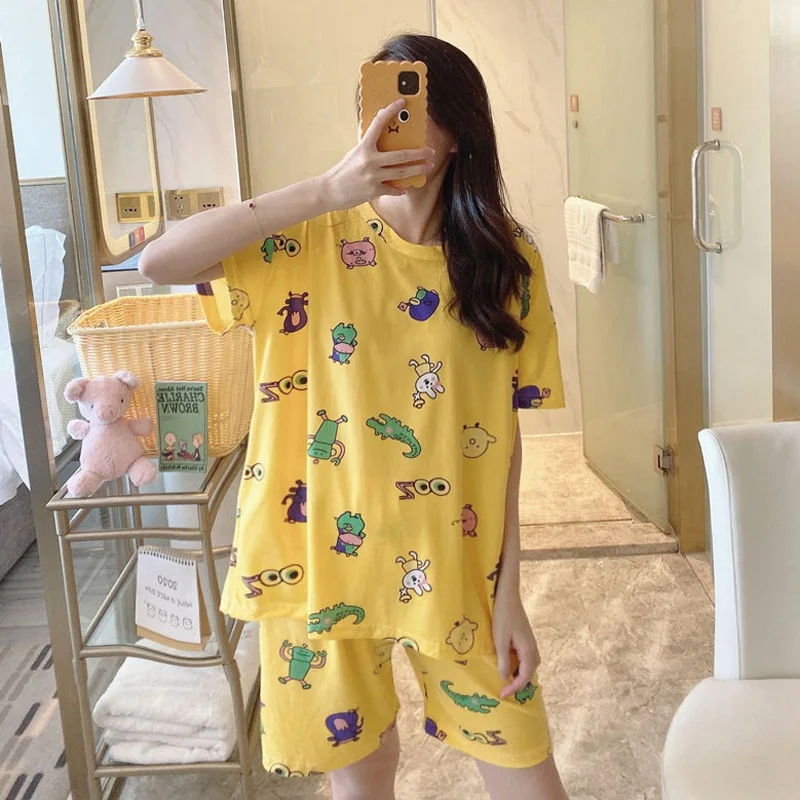 Летние женские пижамные комплекты с коротким рукавом Женская милая свободная