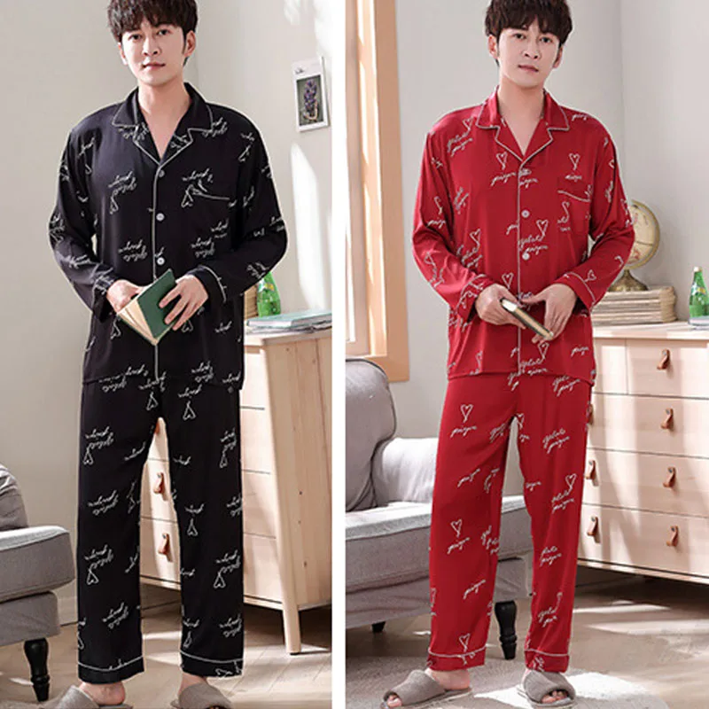 

Men's Pajama Set Ice Silk Long-sleeved Lapel Large Size Home Service Suit Thin Letter Printed Pijama Hombre Verano Men Sleepwear