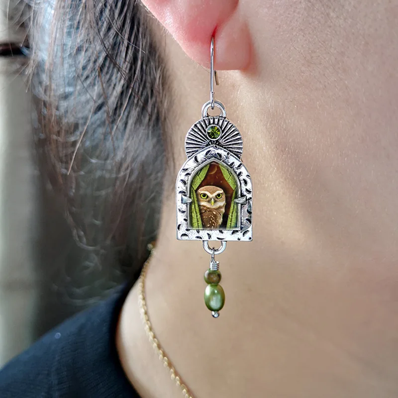 2020 винтажные длинные серьги оливково-зеленого цвета с жемчугом в виде совы для