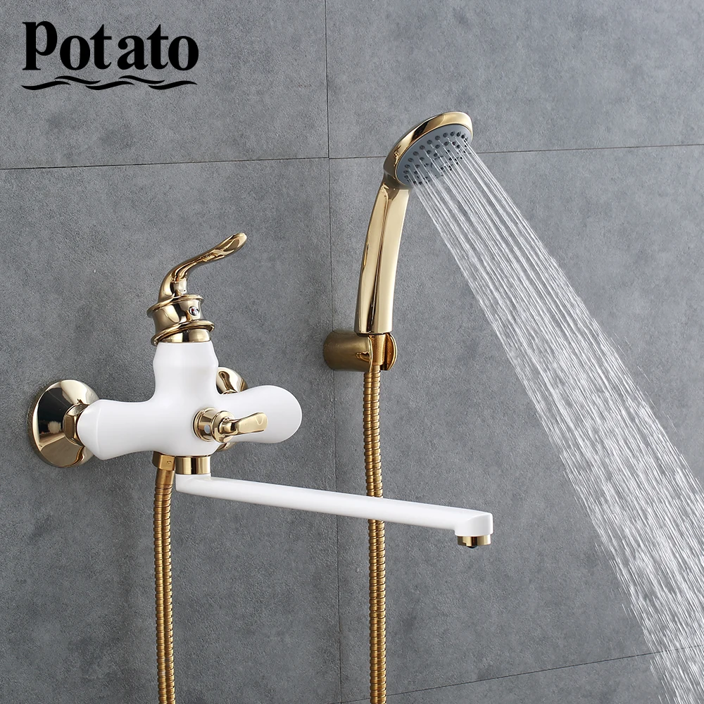 potato bathroom faucet chrome hot and cold water outlet pipe bath mixer with abs shower head p22219 free global shipping