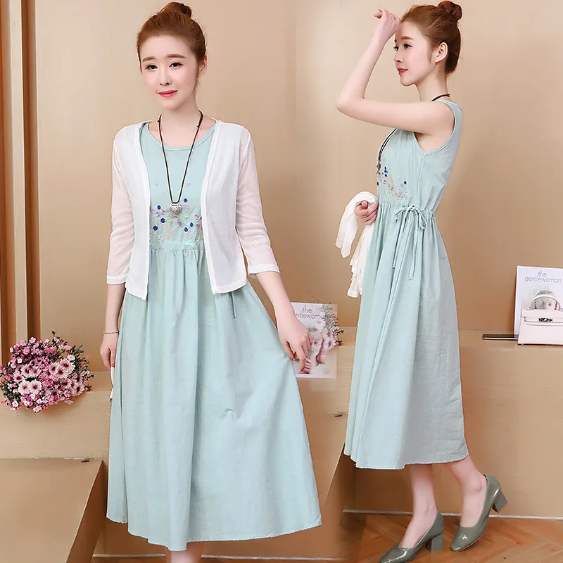 Винтажное льняное платье для беременных Одежда комплект из 2 предметов накидка