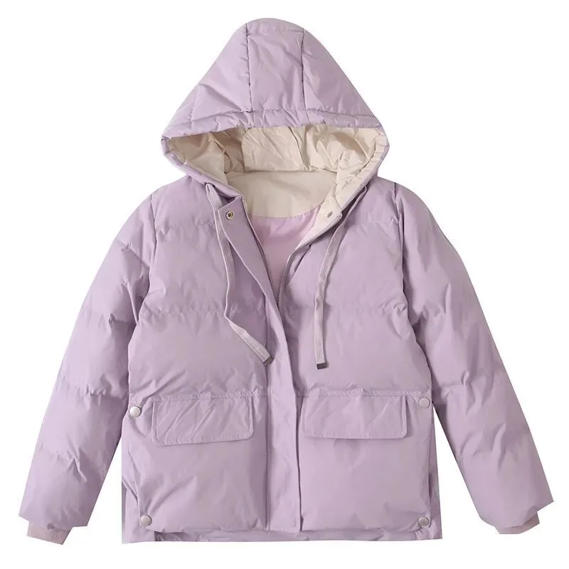 Winter Parker Cotton Clothes Women Solid Color Hooded Zipper Long Sleeve Pocket Thicken Warm Coat Simple Commuter Jacket Female