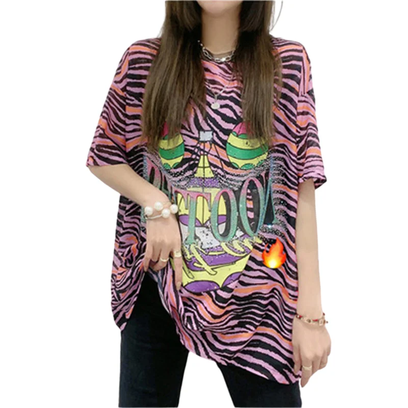 

Summer new short-sleeved plus size women's loose letters hot drilling printing fashion all-match satin imitation silk T-shirt