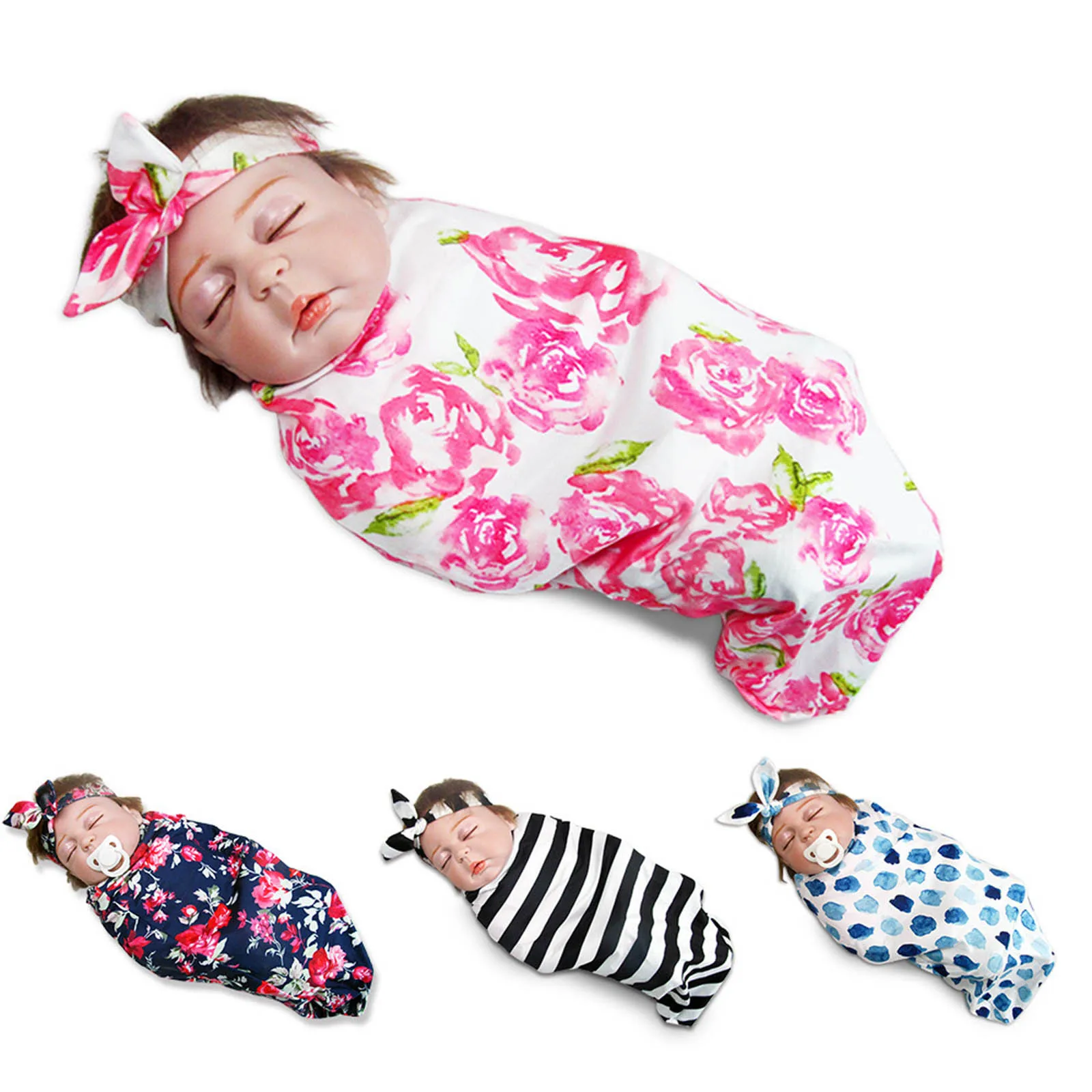 

Baby Floral Sleepsack Headbands Set Newborn Blanket Soft Cotton Swaddle Wrap Cute Sleeping Bag Blanket Newborn Photography A50