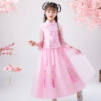 kids chinese traditional clothing boutique embroidery stand collar long sleeve tops layered skirt 2pcs elegant costume clothes