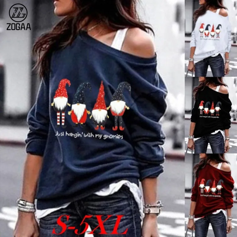 

ZOGAA Santa Claus Print Long-sleeved Oblique Shoulder Casual Sweater