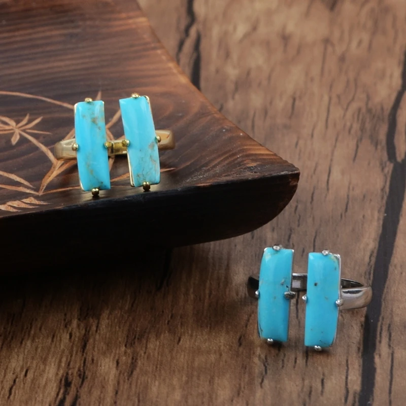 Кольца из натуральных бирюз прямоугольные кольца двойной камень синий ховлит