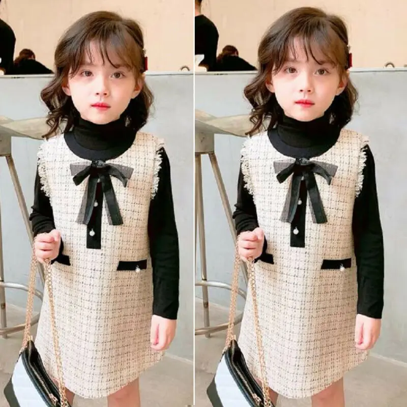 CANIS Spring Autumn 2Pcs Kid Baby Girl Clothes Long Sleeve Solid Color Top T-shirt Sleeveless Plaid Dress Formal Outfit | Мать и ребенок