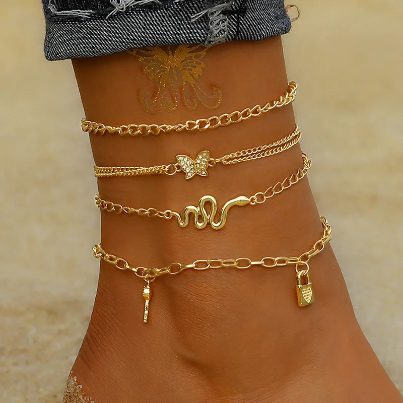 

Vintage Bohemian Chain Anklets For Women Girls Butterfly Lock Key Heart Snake Pendant Leg Ankle Anklet Bracelet Jewelry