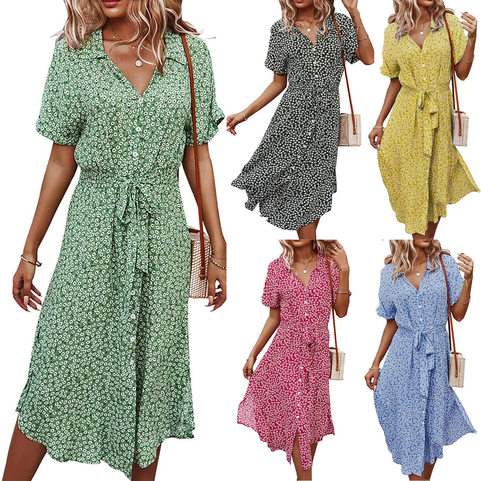 Платье женское длинное с цветочным рисунком повседневное воротником на