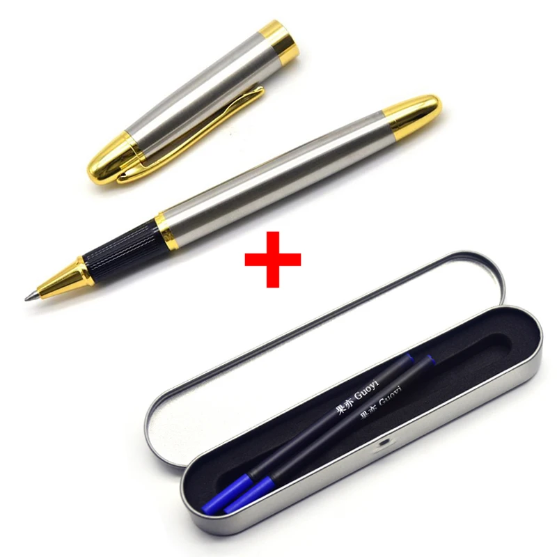 Steel Box-Blue ink Guoyi Z318 Ретро Роскошная металлическая гелевая ручка канцелярские принадлежности для офиса и обучения школьные канцелярские принадлежности подарок Отель Шариковая ручка для делового письма - Цвет: Steel Box-Blue ink