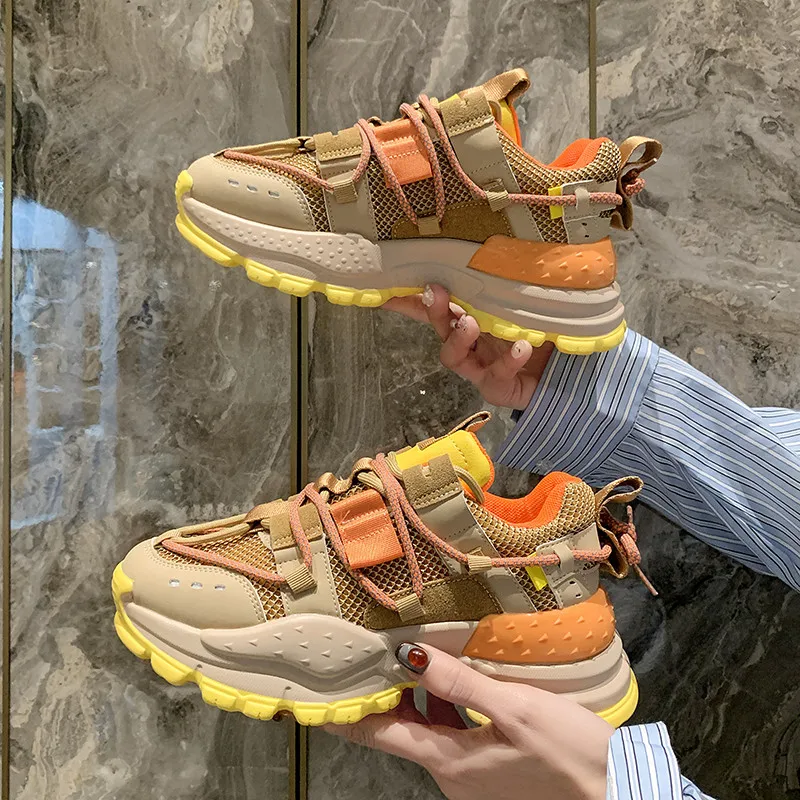 

new women's Shoes spring autumn 2021 mesh breathable student casual Sneakers trendy yellow soft Shoes female Flats Lace-Up women