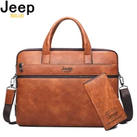 JEEP BULUO Brand Mans Business Briefcase Bag 2pcs set Split Leather Shoulder Bag Men office Bags For inch Laptop Causel