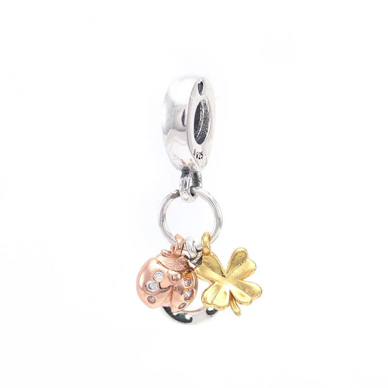 Настоящее 925 пробы серебряный шарм блеск и серебро подковы клевер Божья коровка