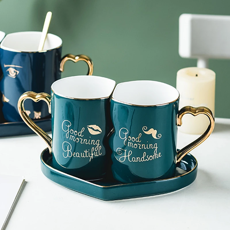 

Modern Ceramic Couple Mugs And Heart Love Shaped Saucer Gift For Engagement Wedding Bridal Coffee Cup Set Drinkware Breakfast