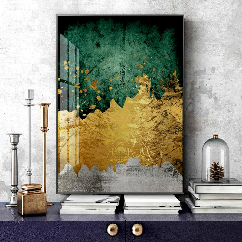 

Nordic Modern Abstract Gold Foil Canvas Painting Emerald Green Poster Wall Art Modular Pictures for Interior Loft Home Decor