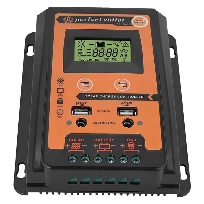 

70A PWM Solar Charge Controller 12V 24V Dual USB Solar Regulator with Big LCD IP32 PV Battery Controller Load Timer