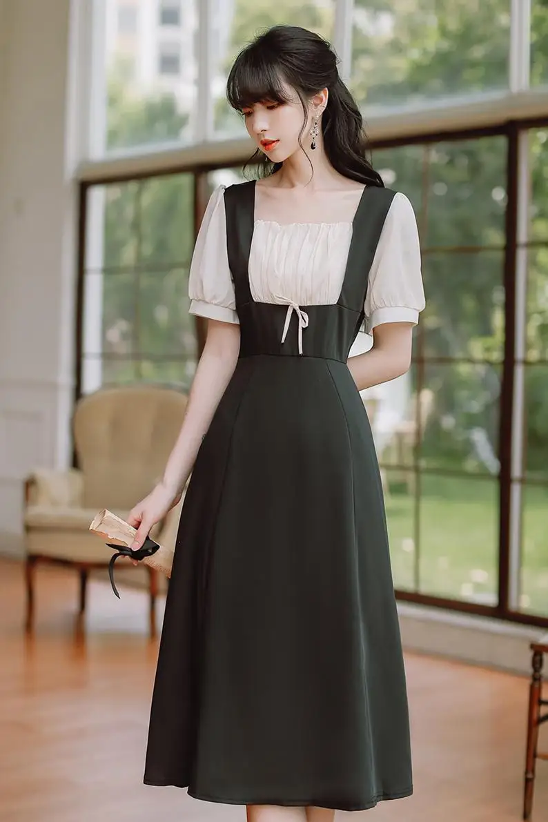 

COIGARSAM Vintage Patchwork Women One-Piece Dress Korean Square Collar Dresses Black Y1397