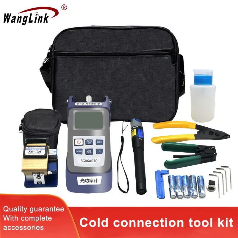 Набор для холодного соединения оптического волокна Wanglink. В комплекте: сварочная машина для оптических волокон, набор инструментов, оптический мощностной метр, красный фонарик, нож для резки.
