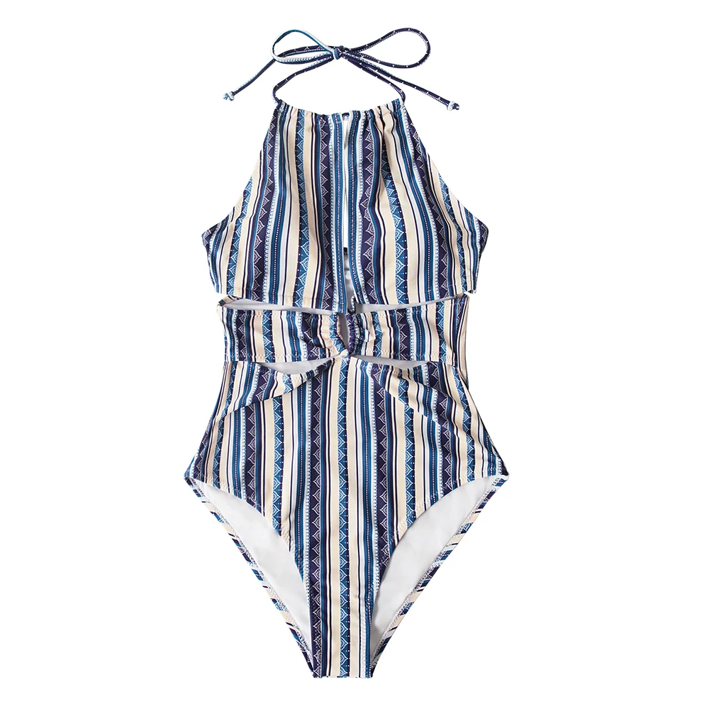 Многоцветный CUPSHE Boho полосой Холтер Вырез Цельный купальник женский сексуальный открытая спина кружева Монокини Девушки Пляж купальный костюм Купальники - Цвет: Многоцветный