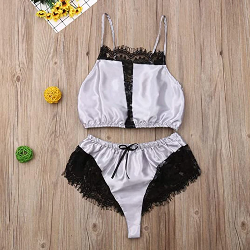 

Women's Sleepwear 2pcs Floral Lace Trim Satin Cami Pajama Set Female Mesh Nightgown Lingerie Set TY66