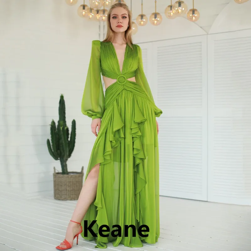 

Sexy High Slit Chiffon Evening Dresses Ruffles V Neck Backless Puff Sleeves Evening Gown Prom Dress Robe De Soiree