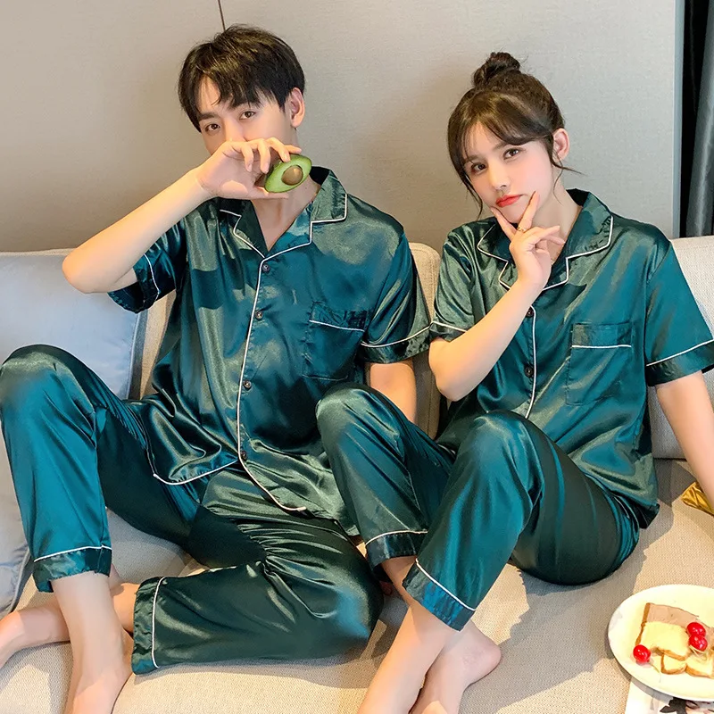 

2021 новые летние однотонные Цвет шелковый атлас Лев пижамы с короткими рукавами Лидер продаж, брюки на пуговицах любителей пижамы размера пл...