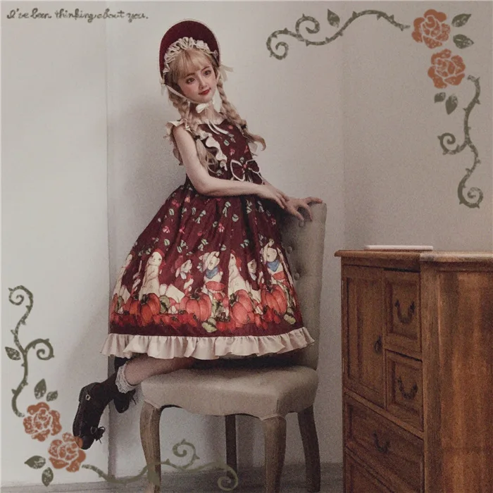 

Pumpkin Rabbit Sweet Women's Lolita JSK Dress Sleeveless Dress Cute Bows Trim Princess Dress One Piece Red Beige
