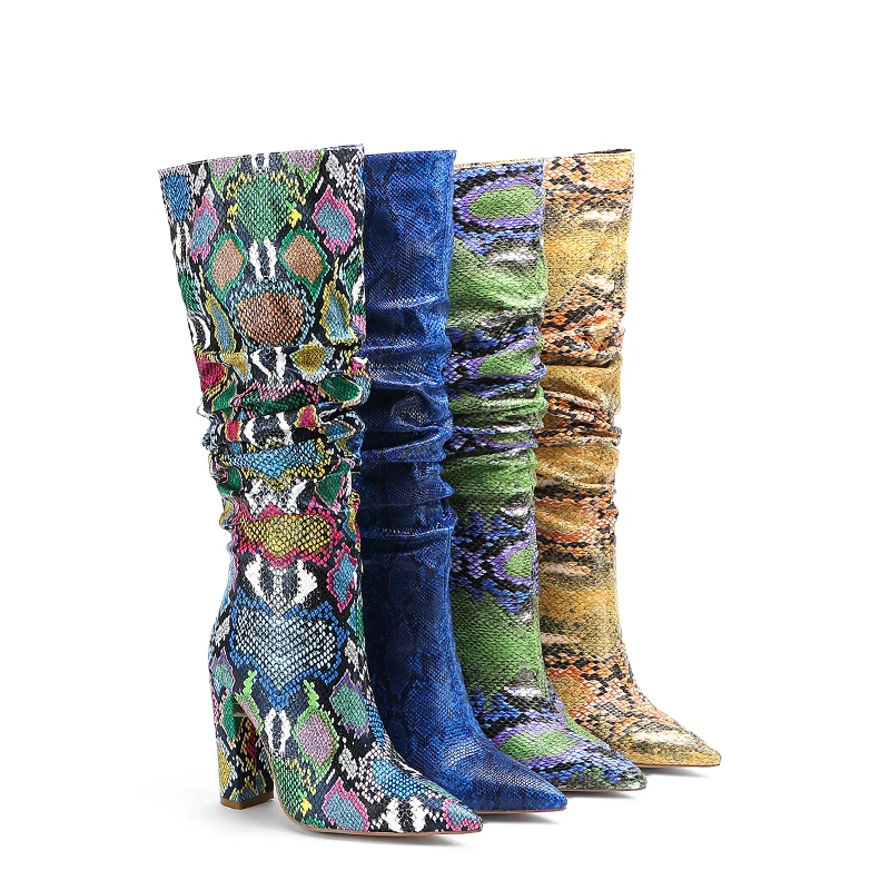 

WETKISS Mid-Calf Slouch Boots Women High Heels Boot Female Colorful Snake Skin Pu Shoes Ladies Pointed Toe Party Shoes Winter