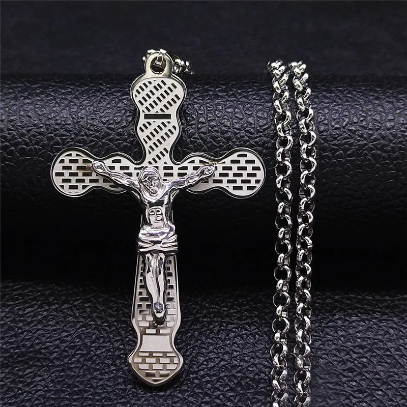 

Stainless Steel Christian Cross Jesus Big Pendant Necklace for Women Silver Color Necklaces Jewelry collier chaine N4500S05